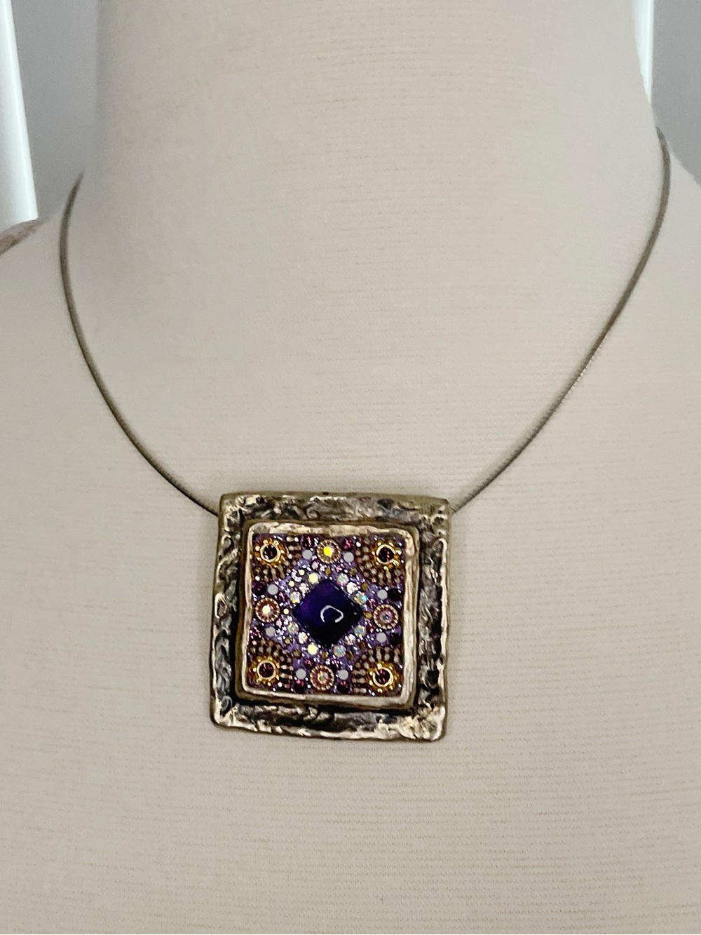 ORIT SCHATZMAN Mosaic Pendant Necklace .925 Silver Amethyst Crystals Boho Israel